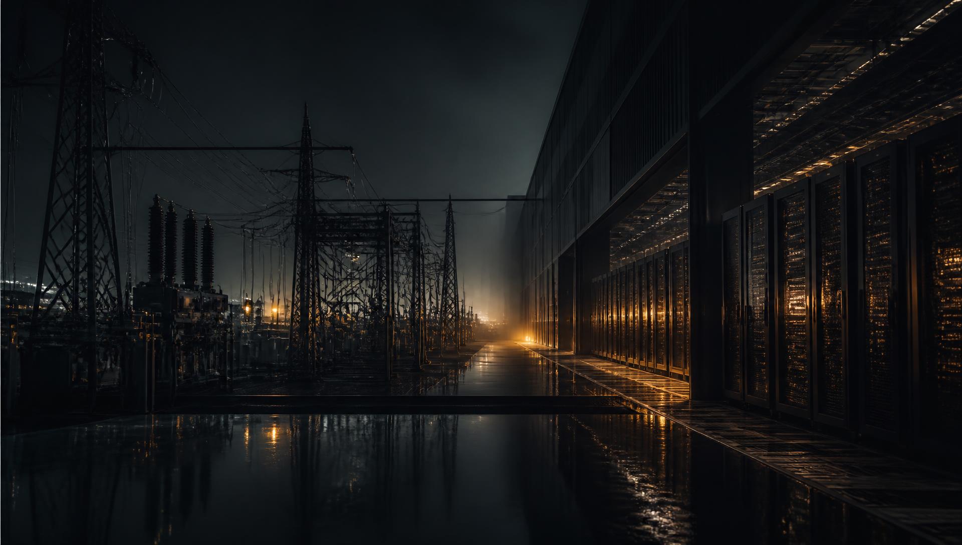 Electrical transmission infrastructure meeting illuminated data center server halls at night